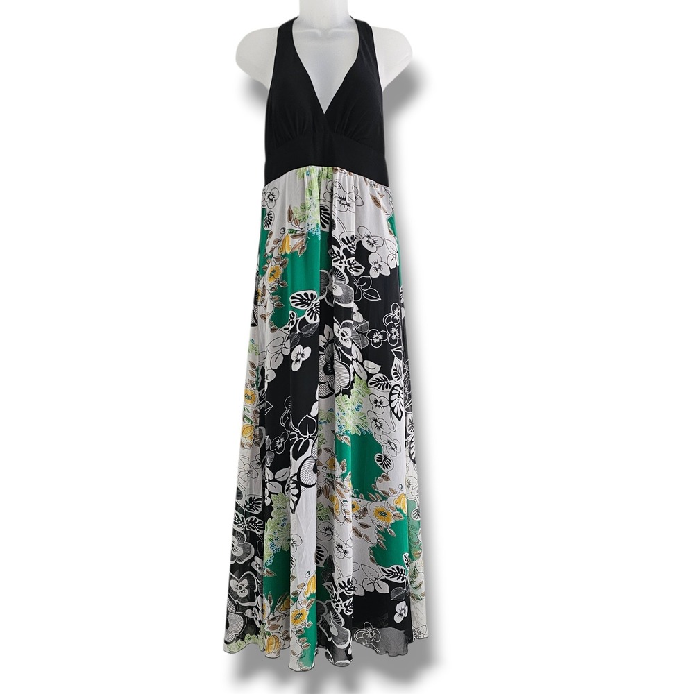 Y2K Bisou Bisou Maxi Dress S Black Green Floral Halter Empire Waist Babydoll 90s
